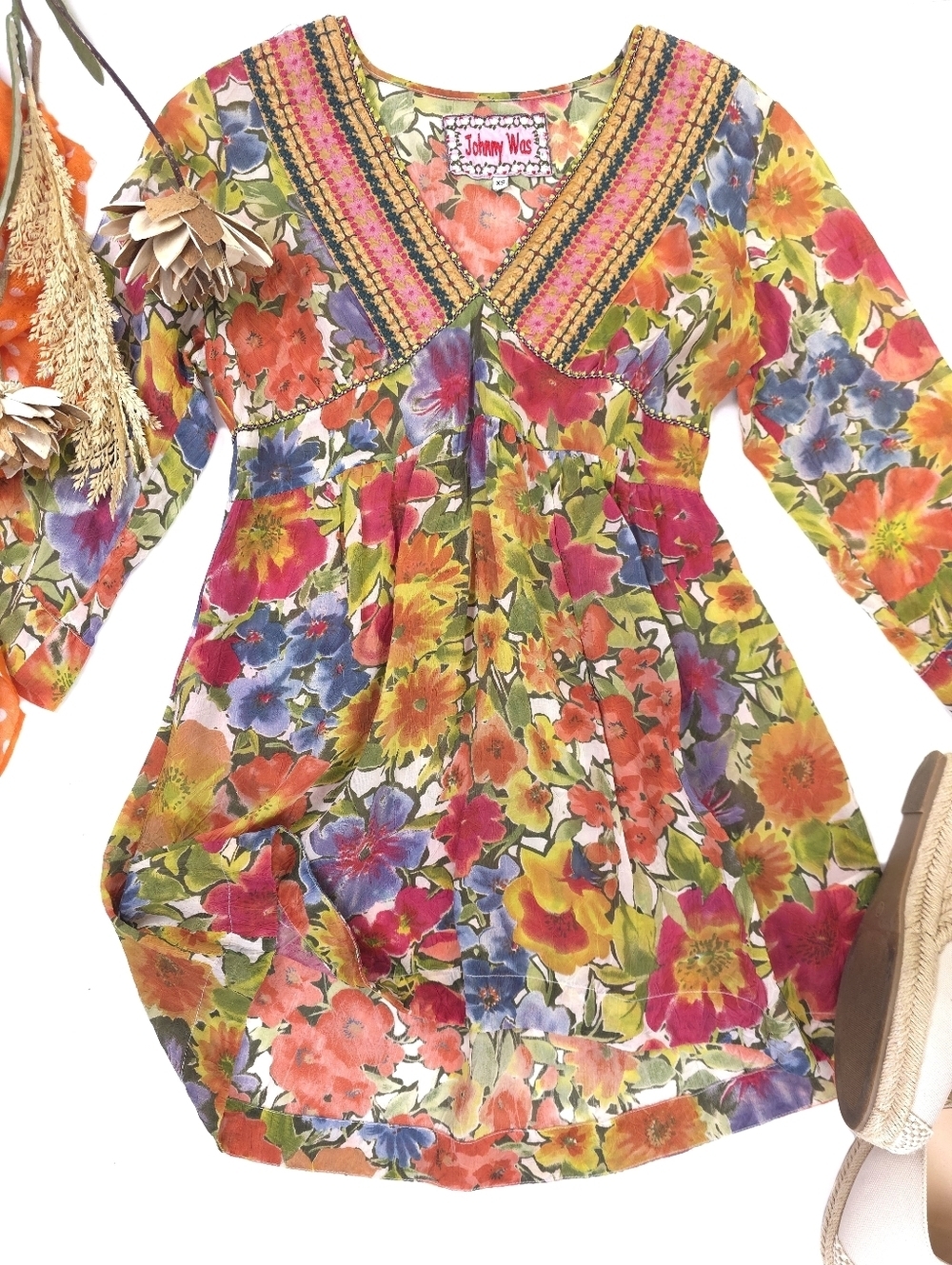 Johnny Was Floral Embroidered V-Neck Tunic Blouse Sz Xs
